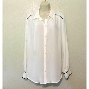 Worthington Blouse XL White Black Trim Button-Up Long Sleeve Lightweight NEW